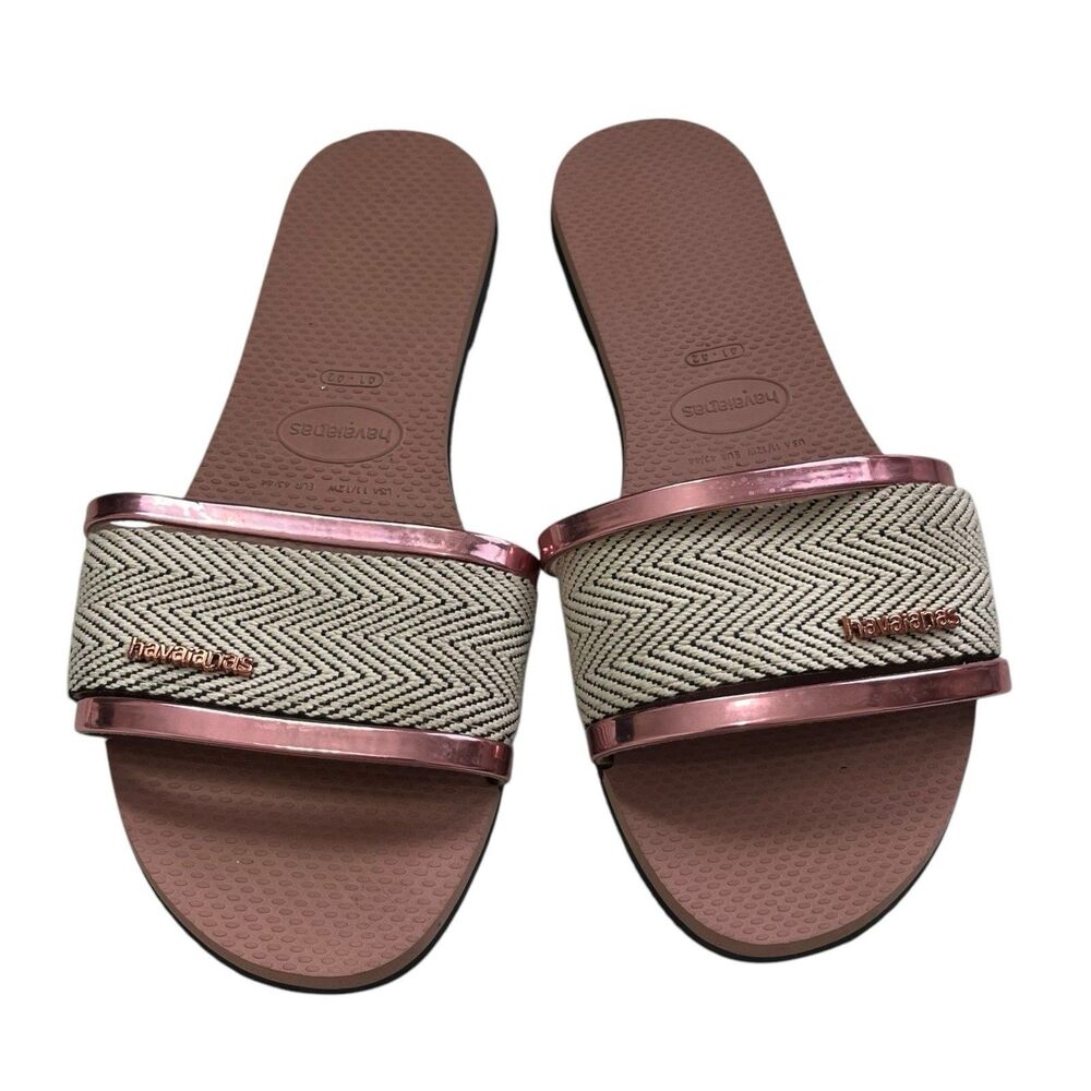 Havaianas Trancoso Slides Size 11 12 Beige Bronze Chevron Strap Sandals‎